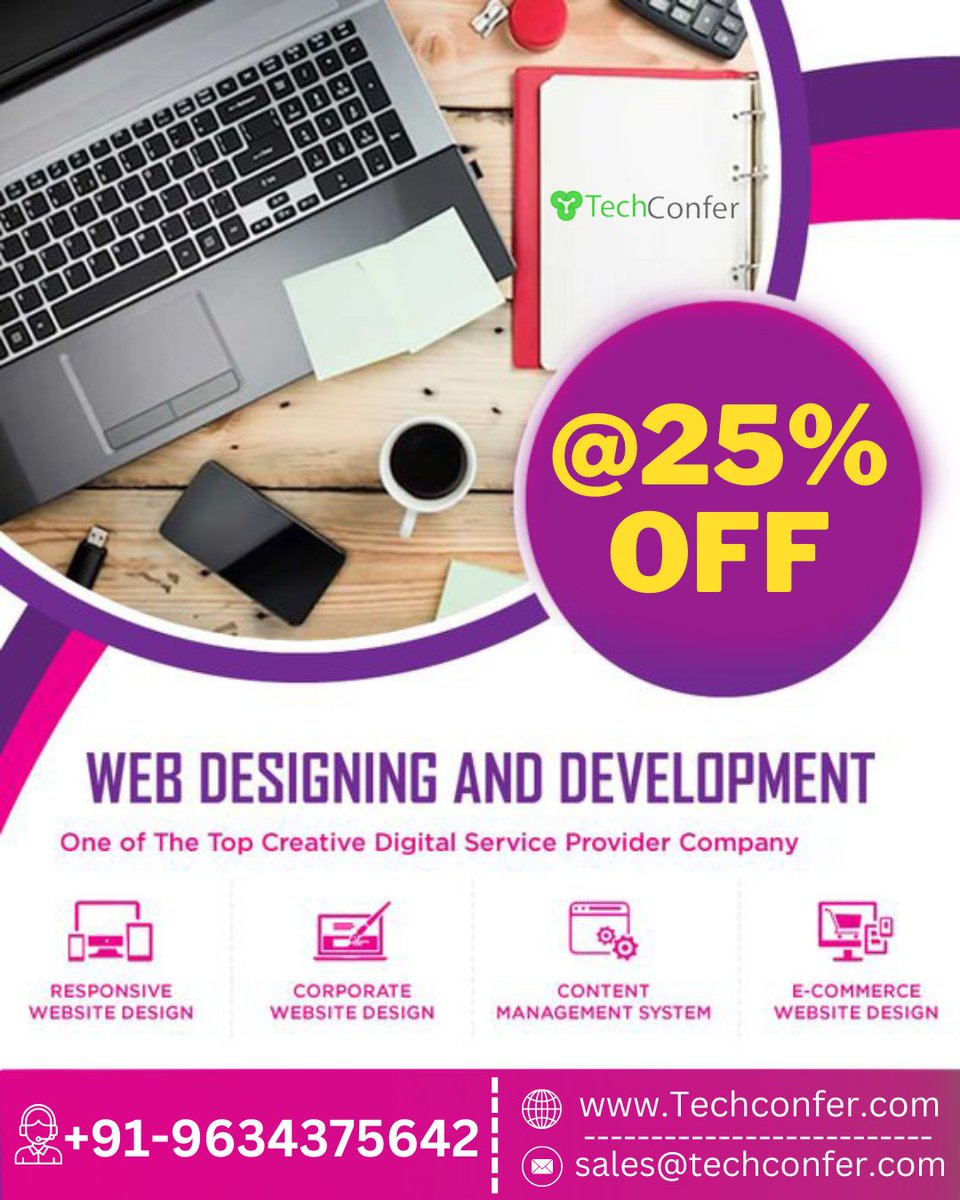 Techconfertech's tweet photo. Website Designing and Development @25% Off Your website is often the first point of contact with potential customers - make it count with our expert web development and design services.

Feel Free to Get In Touch With Us!

✉️ info@techconfer.com
📞 +91-9634375642 https://t.co/jvqg1qiqUa