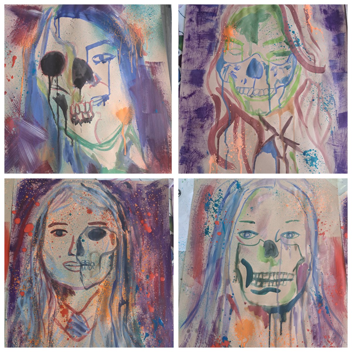 MissFTrace1's tweet photo. Miss what do you want us to do?
Go mad. 
Year 10- OK.
They understood the assignment!
Large expressive portrait and skull paintings using sprays, dry brush, string and excess water for drips. I LOVE when you give pupils creative freedom and they play and experiment.@1Penydre https://t.co/vJ7begKqzC