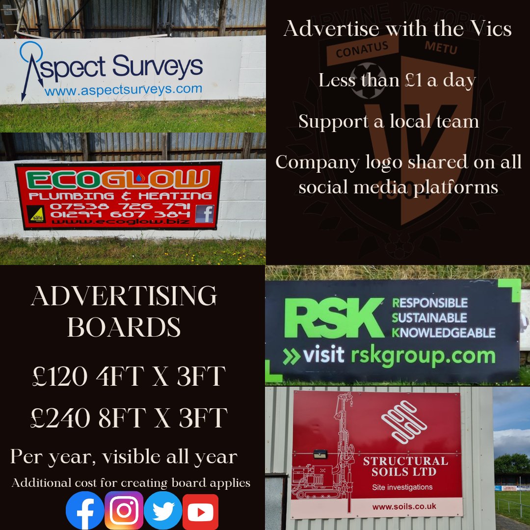 Advertising Space is available at Victoria Park and viewable all year round due to our proximity to the railway. 
Regular shout outs on social media and visible on our YouTube highlights.
If you wish to promote your business get in touch 🟠⚫️