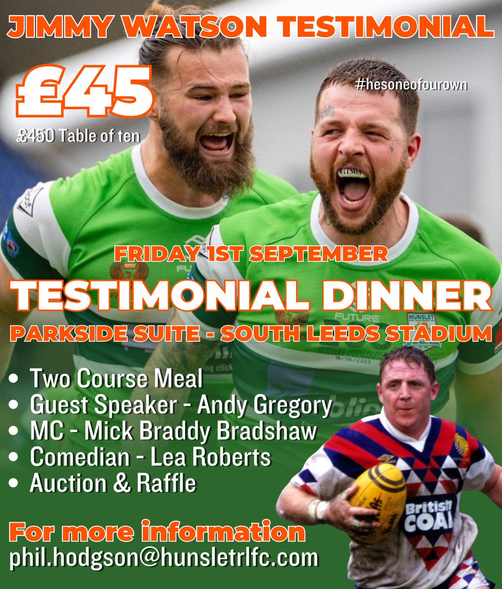 🍽️ As we continue to support Jimmy Watson testimonial season, next up we have a great evening in store with Jimmy's testimonial dinner.  Guest speaker is RL legend Andy Gregory with Mick Braddy Bradshaw as MC, and Lea Roberts as the comedian for the night 👇

🎟️ Tickets are £45