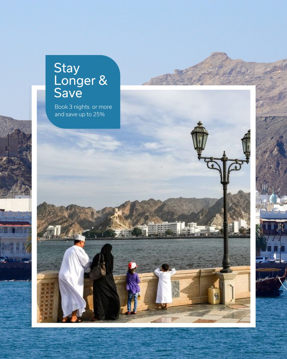 HiltonGI_Muscat's tweet photo. Looking to extend your stay? Take advantage of our "Stay Longer &amp; Save" promotion. Book 3 nights or more and save up to 25% off your entire stay. 
*Terms and conditions apply. https://t.co/3bbTlim7OJ