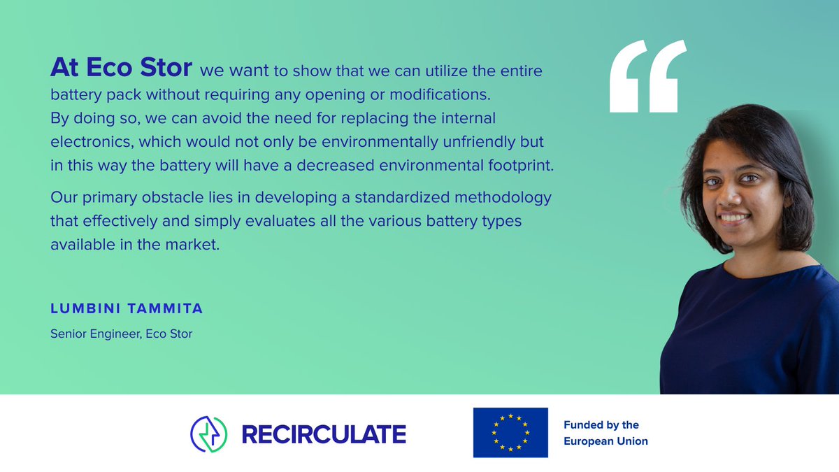Recirculate_EU's tweet photo. What #batterysolutions do we need for the future, and how can we create them?
Meet ECO STOR! This company will be responsible for the testing of the battery packs for SoC, SoH and SoS, and reviewing #batterydata to identify and categorize batteries into packs with similar data. https://t.co/3TbDIVUoKp