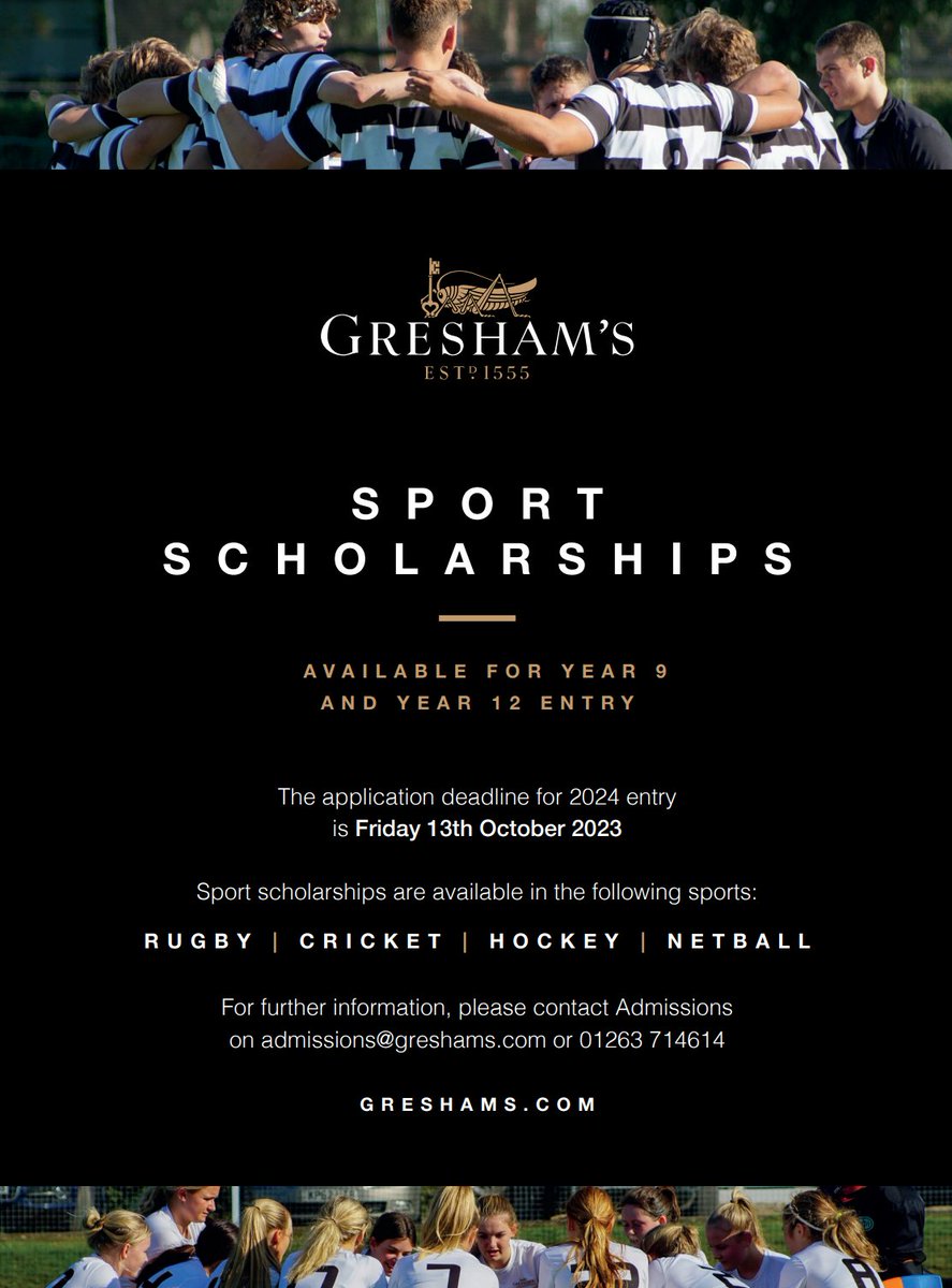 GreshamsSport's tweet image. A reminder applications are now open to our 2024 sport scholarship assessments. Please see details below to sign up! ✍️📄📨📞🏑🏐🏉🏏