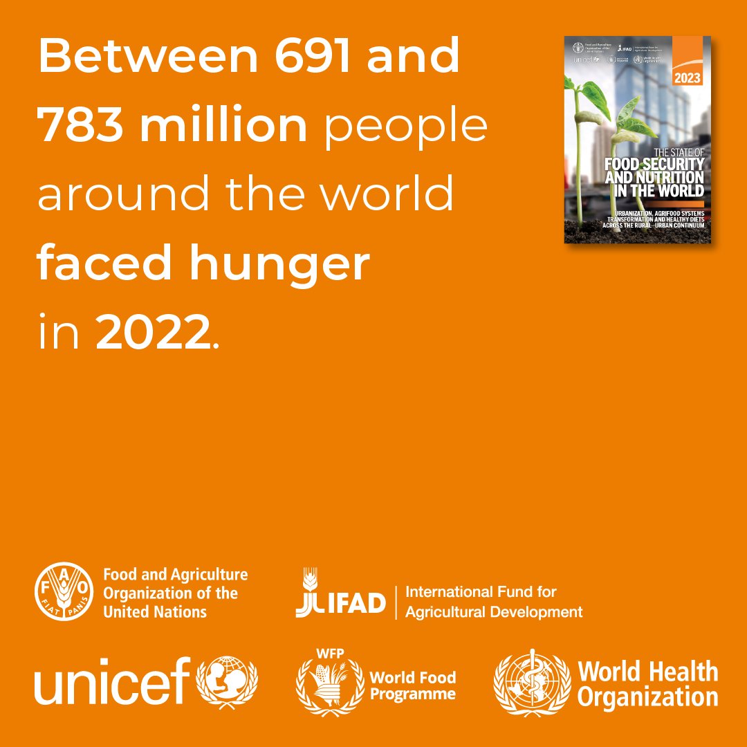 FAOstatistics's tweet photo. #DYK the latest hunger figures?

State of Food Security and Nutrition in The World 2023

Urbanization, Agrifood Systems Transformation and Healthy Diets across the Rural-Urban Continuum

Download your copy of #SOFI2023 today👇

📙https://t.co/bspEho5Cy9 https://t.co/4LaYi3AcJl