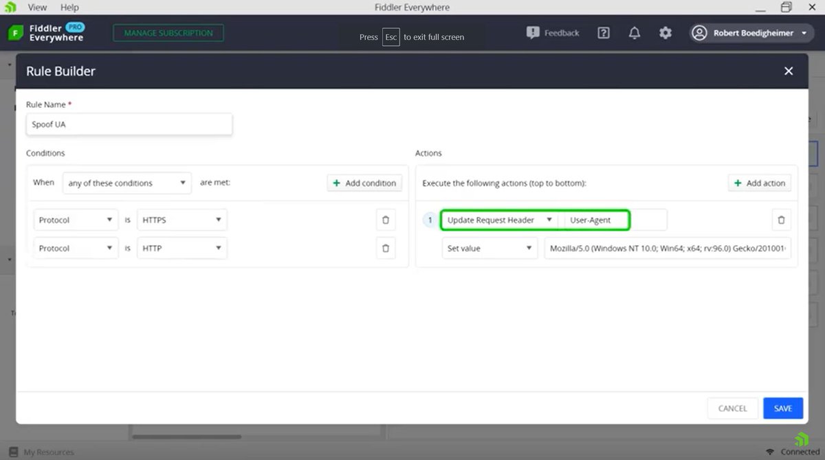 Ever tried to impersonate a different user agent from the client to see how the server responds in #FiddlerEverywhere?

All you need to do to simulate this scenario is use Rules and Update Request Header as an action! <a href="/boedie/">Robert Boedigheimer</a>'s video explains it all: prgress.co/3PopBCZ