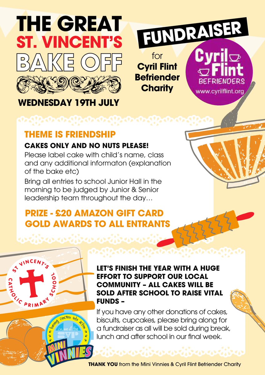 Thank you to <a href="/StVincentsPr/">St. Vincent's</a> for The Great St. Vincent's Bake Off in aid of Cyril Flint Befrienders! We are most grateful for your support🥰

Good luck to those taking part🧁🌟