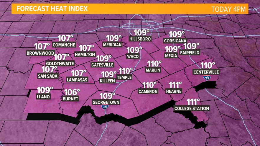 KCENWeather's tweet photo. Another hot day is in the forecast for this afternoon as heat index values will reach into the 110's. It is enough that the National Weather Service has upgraded the heat advisory to an excessive heat warning for much of Central Texas. https://t.co/1lwIFxf7uY https://t.co/kgARSTIZpe