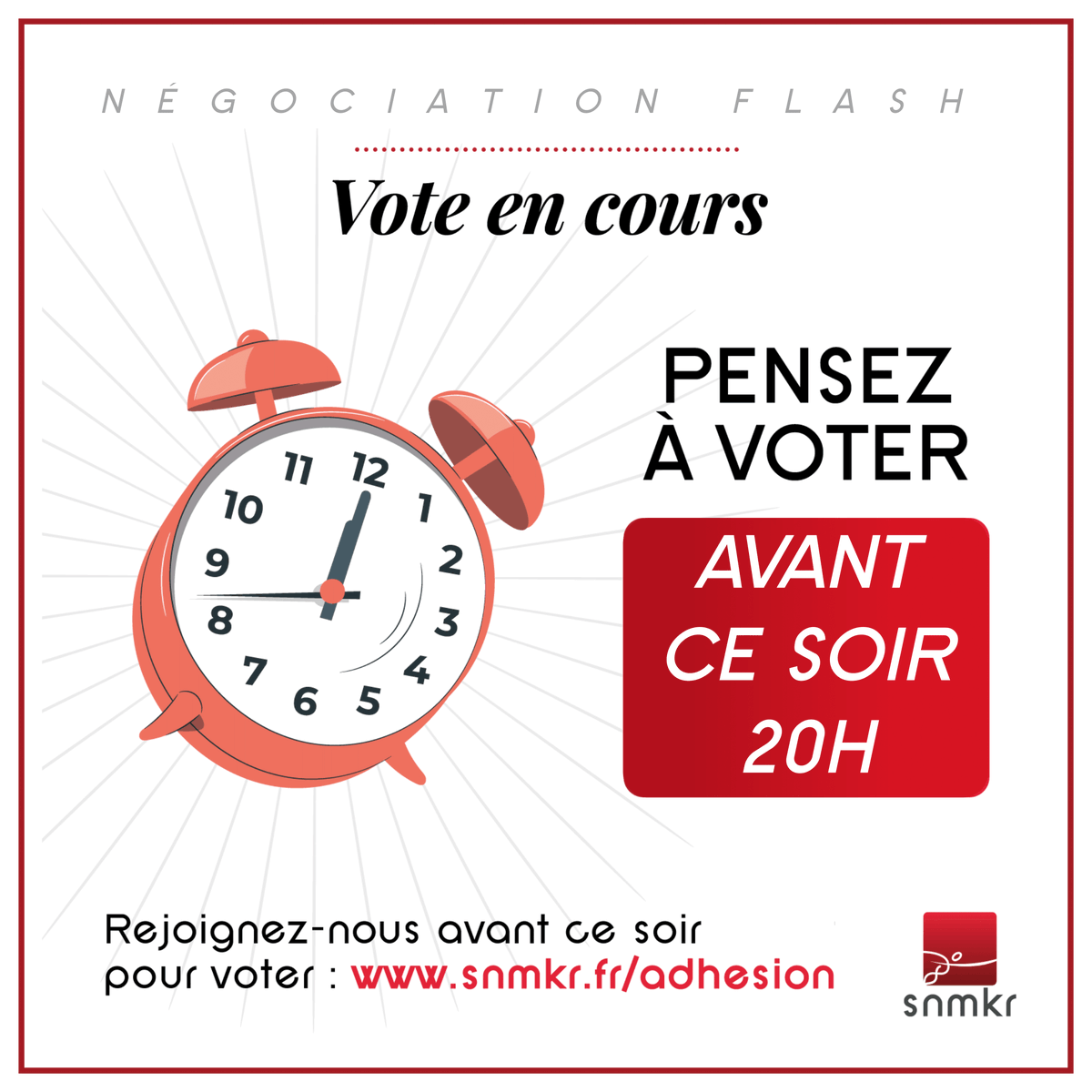 SNMKR1's tweet photo. Le vote de nos adhérents dans le cadre des négociations conventionnelles se termine ce soir à 20h !

Vous êtes adhérent ? Continuez à voter (si ce n'est pas déjà fait) d'ici 20h : https://t.co/8p5apbQjeZ

Vous n'êtes pas adhérent ? Rejoignez-nous https://t.co/Th5GF3gSLJ #teamkine https://t.co/93PqiUc3Xy