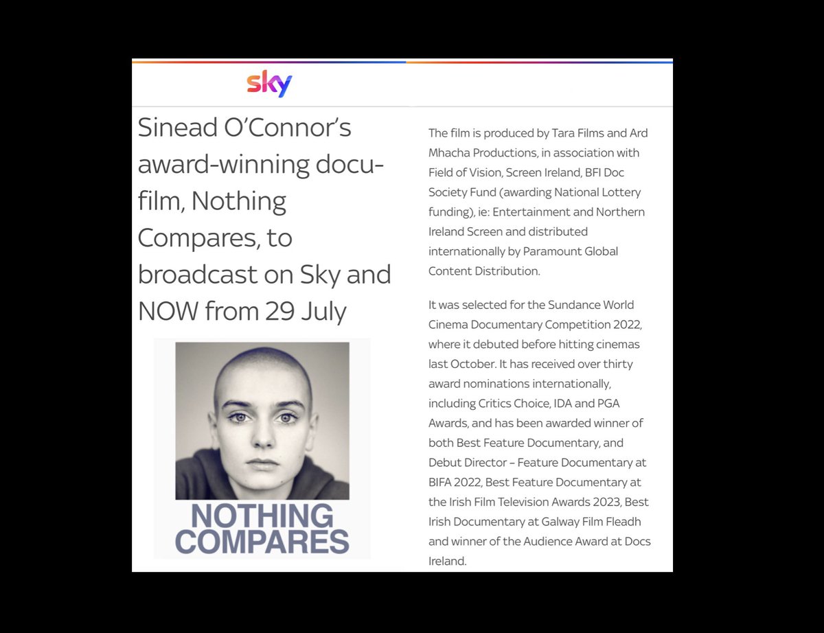 🚨We have fantastic news to share.🚨@NCDocumentary will have its broadcast premiere on @skytv / @NOW on the 29th July in the UK & Ireland. Thrilled that people can finally watch at home and be as moved and inspired by Sinéad as I am.More info here - skygroup.sky/article/sinead….