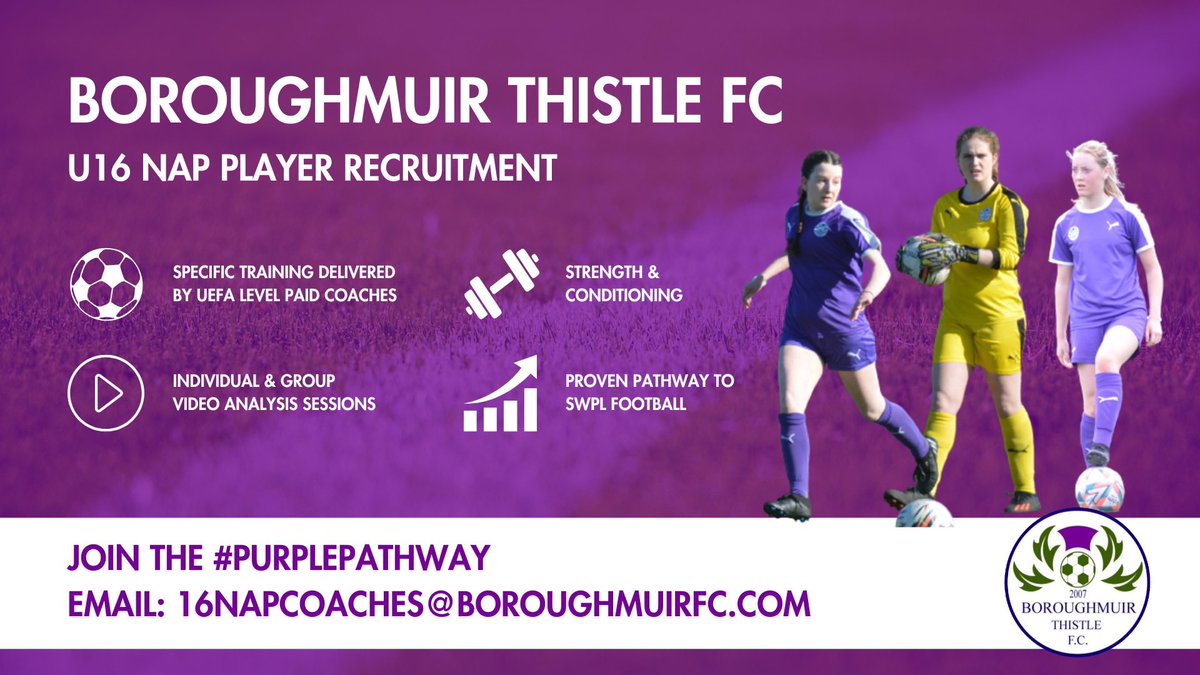 🟣 NAP RECRUITMENT 🟣

Our U16s NAP team are still on the lookout for players ahead of the upcoming season

We invite any players interested to get in touch and organise to attend a training session with us

Be a part of the #PurplePathway 👇

U16napcoaches@boroughmuirfc.com