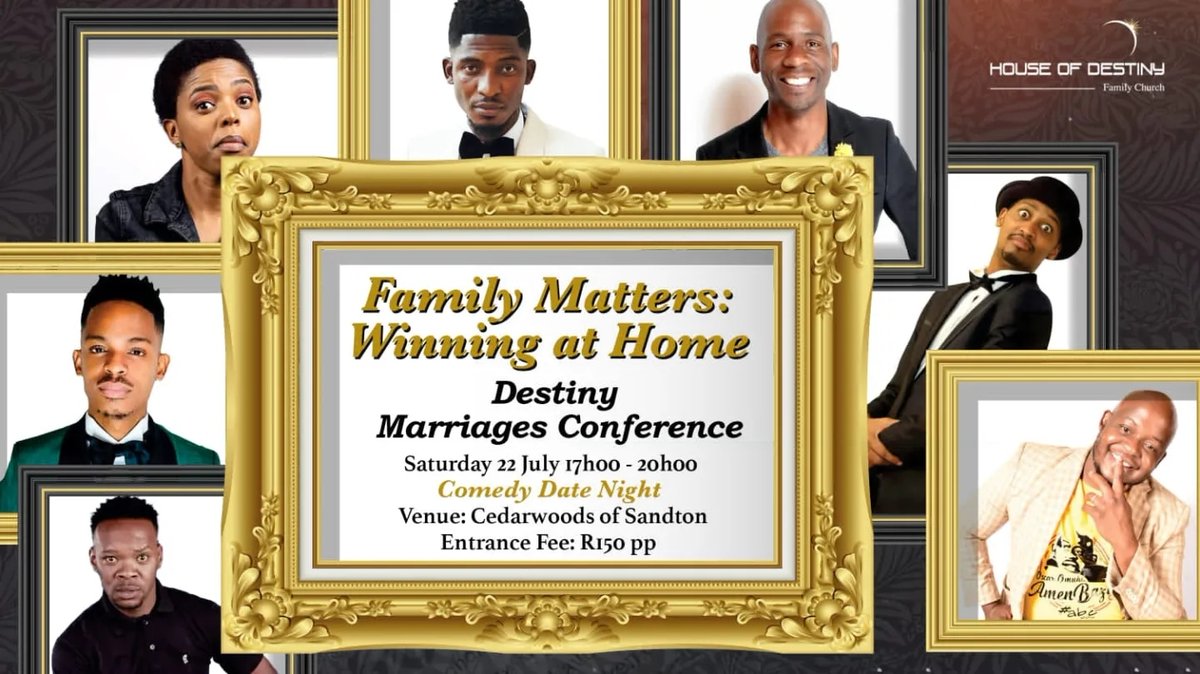 All married and engaged couples are invited to the 𝗗𝗲𝘀𝘁𝗶𝗻𝘆 𝗠𝗮𝗿𝗿𝗶𝗮𝗴𝗲𝘀 𝗖𝗵𝗿𝗶𝘀𝘁𝗶𝗮𝗻 𝗖𝗼𝗺𝗲𝗱𝘆 𝗗𝗮𝘁𝗲 𝗡𝗶𝗴𝗵𝘁.
Cost will be R150 per person please register herehttps://forms.gle/xt2MREH8KHC73CvSA. Dress code is casual #destinymarriages #familymatters