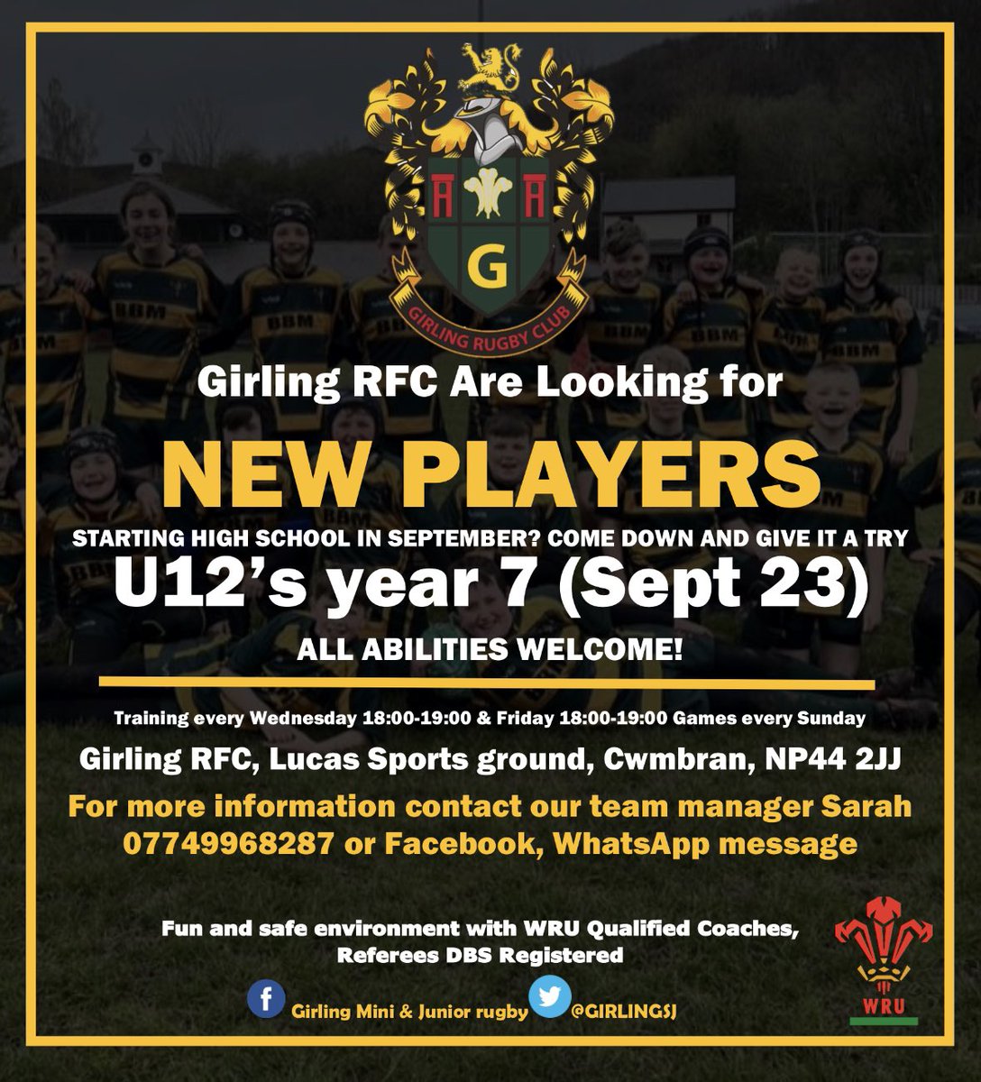 GirlingsJ's tweet photo. Training continues tonight 6pm-7:30pm! 🏉 

Our u12’s (yr 7sept) &amp; u13’s (yr8 sept) still have a few spaces left in their squads for new players, if your child is looking for a family friendly rugby club to either start rugby for the first time or try something new, get in touch https://t.co/WuZz3OSK0x