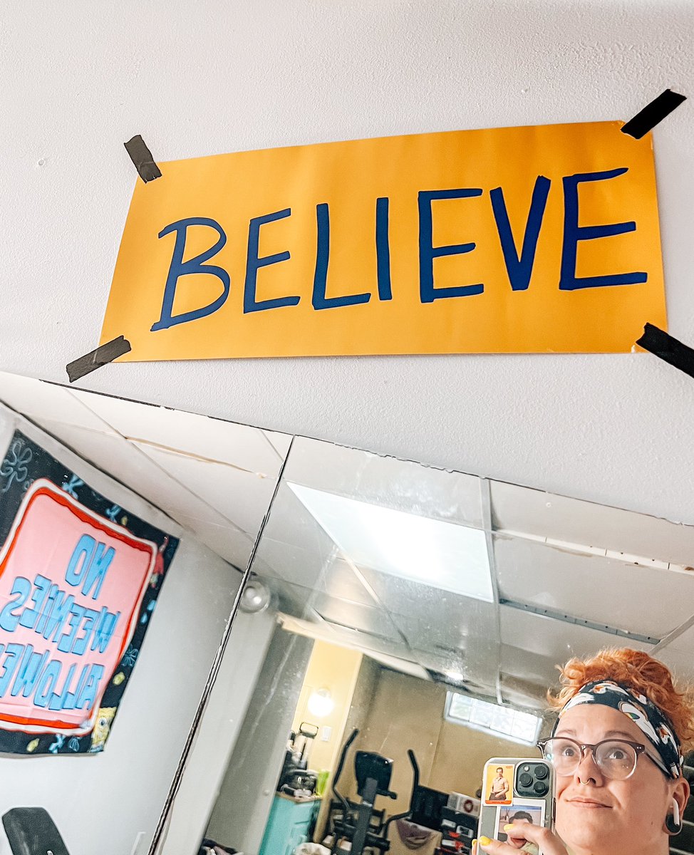 ashlybee's tweet photo. i’ve been trying to get back into lifting weights, so i’ve redecorated my gym to get excited. obviously, i had to have a #believe sign. @jasonsudeikis https://t.co/MdtJlNgrCu