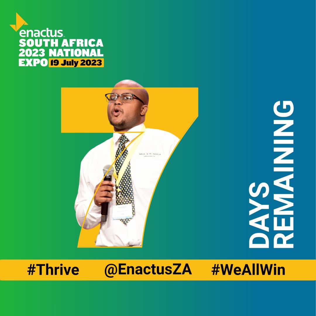 enactusZA's tweet photo. Exactly a week to go until the 19th of July 2023 for the Enactus National Exposition happening at the Sandton convention centre in Johannesburg, we can’t wait 🥳🇿🇦💛👏🏾 #nationals #enactusza #weallwin #thrive #ezaexpo https://t.co/6ohor6wAsy