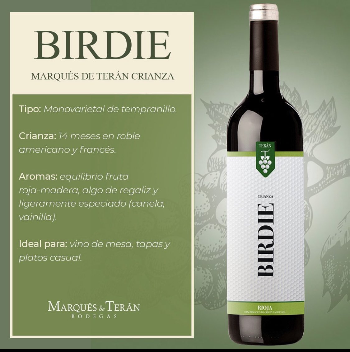 @marquesdeteran BIRDIE #GOLFEDITION ⛳

·Monovarietal de tempranillo 🍇
·14 meses en roble americano y francés 
·En Nariz se aprecian aromas de fruta roja-madera y ligeramente especiado 
·Vino ideal para la mesa y tapas 

Tu mejor golpe tu mejor resultado 🏌️ 🍷 #
#marquesdeteran