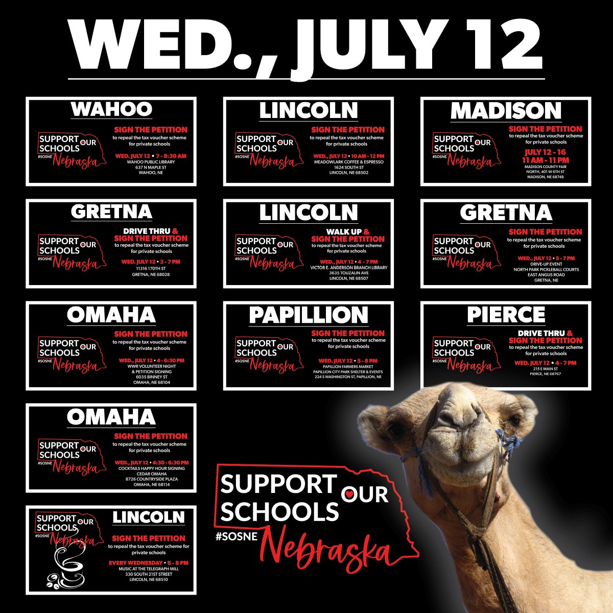 SOSNebraska's tweet photo. GUESS WHAT DAY IT IS!? 🐪 Guess. What. Day. It. Is!!! 

It's a great day to get out there and sign a petition! Woo Woo!! 🐫 

These events are happening today, and you can find more locations to sign near you at https://t.co/adlC1elmFp. https://t.co/X3gtT2eS2R