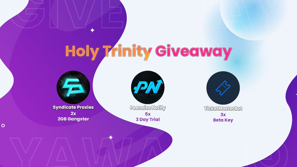 🎉 GIVEAWAY ALERT!!! 🎉 Prizes: 2x 2gb Gangster (Premium Proxies) 5x Peenoise Notify (3-day trial) 3x TicketMasterBot (Beta Keys) Rules: Like 👍🏽 Retweet ♻️ Tag 3 friends 👫 Follow @SyndicateProxy @PeenoiseNotify @TicketMBot Ends in 48hrs. Goodluck! ☘️