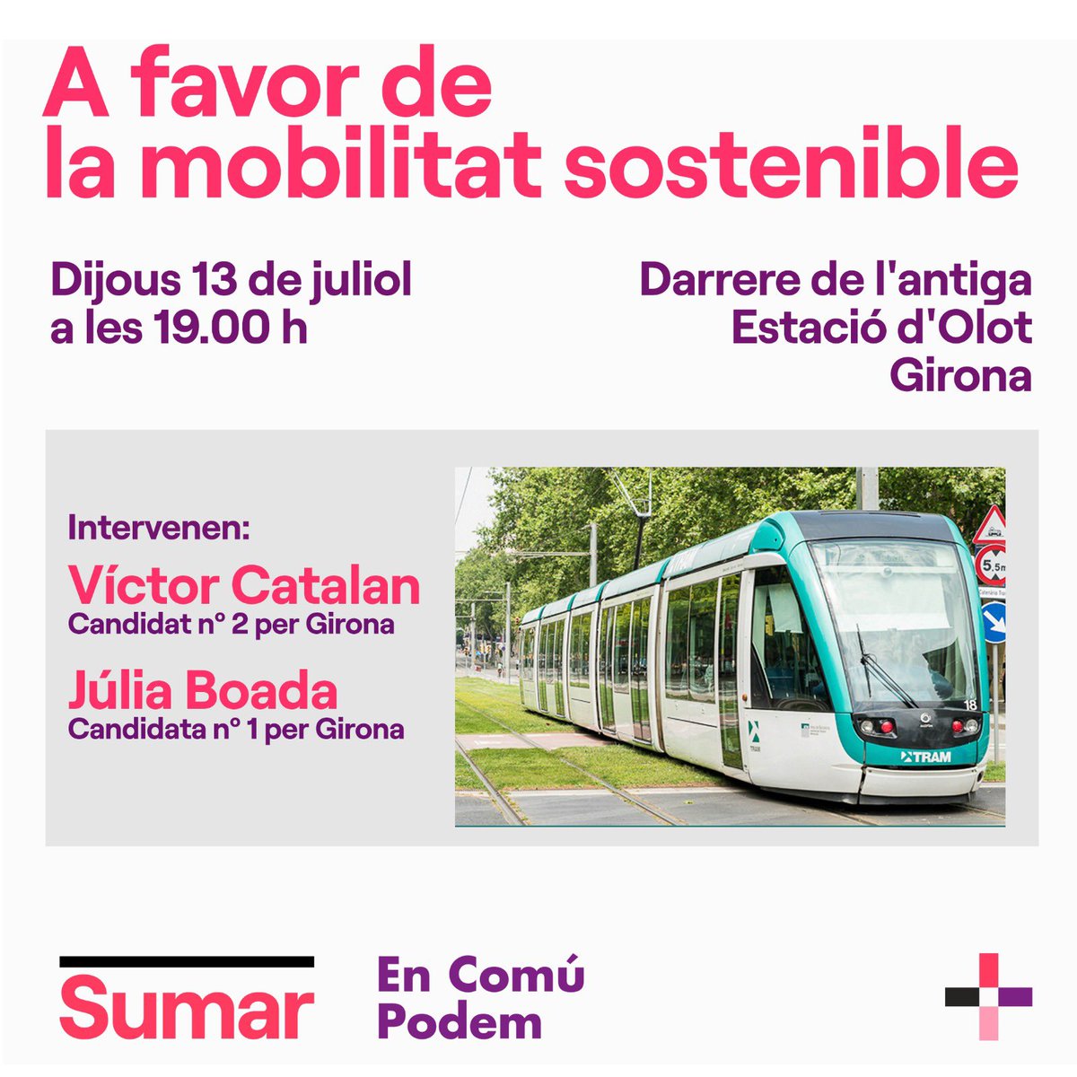 GironaComu's tweet photo. Demà dijous 13.07, a les 19h els nostres caps de llista al Congrés dels diputats de @sumar  @bdjulia i @victor_catalan ens explicaran les propostes per a una mobilitat sostenible i popular #AFavorTeu https://t.co/2sKOslbzL8