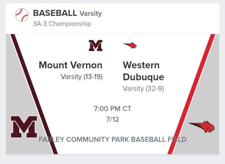 Bound Iowa (@bound_ia_) on Twitter photo π3A-3 Championshipπ
βΎ Mount Vernon Mustangs π Western Dubuque Bobcats
π
Wednesday, July 12, 2023 - 7:00 PM CT
π Farley Community Park
πΊ lucky.lvstreamhd.com/baseball
<a href="/MVActivities/">M.V. Activities</a> <a href="/MVCSDMustangs/">MVCSD Mustangs</a> <a href="/TheMustangMoon/">The Mustang Moon</a> <a href="/Mustangvision1/">MustangVision</a> <a href="/WesternDubuque/">Western Dubuque WDHS</a> π3A-3 Championshipπ
βΎ Mount Vernon Mustangs π Western Dubuque Bobcats
π
Wednesday, July 12, 2023 - 7:00 PM CT
π Farley Community Park
πΊ lucky.lvstreamhd.com/baseball
<a href="/MVActivities/">M.V. Activities</a> <a href="/MVCSDMustangs/">MVCSD Mustangs</a> <a href="/TheMustangMoon/">The Mustang Moon</a> <a href="/Mustangvision1/">MustangVision</a> <a href="/WesternDubuque/">Western Dubuque WDHS</a>