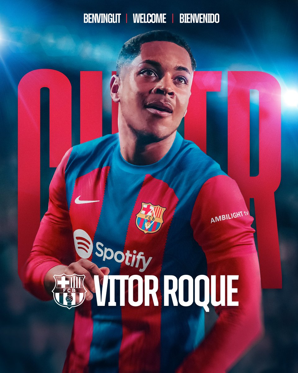 fcbarcelona_br's tweet photo. ✍️ Acordo com o Athletico Paranaense para a contratação do atacante Vitor Roque. 🤩

O atleta é aguardado para a temporada 2024/25 e terá contrato com o Barça até o final da temporada 2030/31. Sua cláusula de recisão será de 500 milhões de euros. 

🇧🇷 #BrasilFCB 🔵🔴 https://t.co/aO964kWfLT