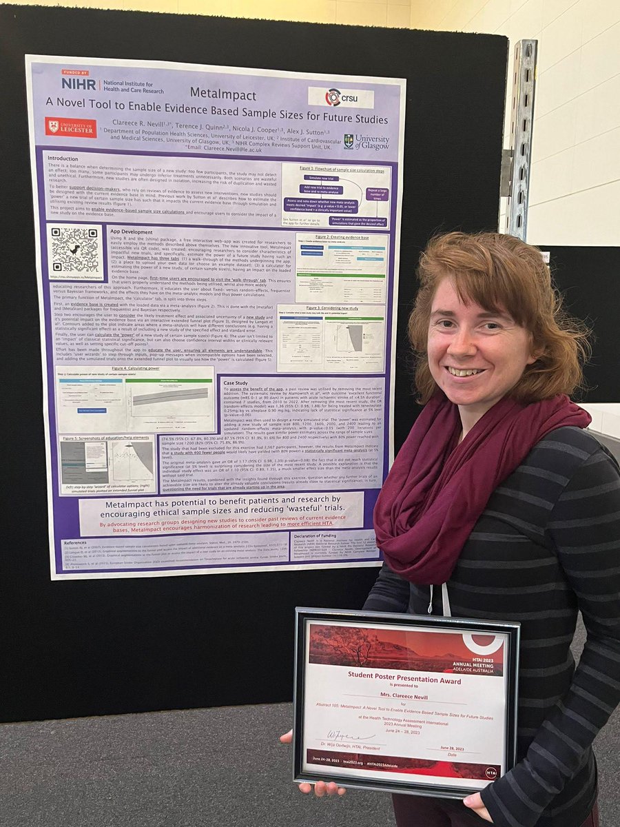 UofGHEHTA's tweet image. ✨✨A huge congratulations to @ClareeceNevill @uniofleicester @NIHRCRSU whose poster on her metaimpact work won the poster category at the recent @HTAiOrg Annual Meeting in Adelaide in June! ✨✨

Well done, Clareece! 👏👏👏