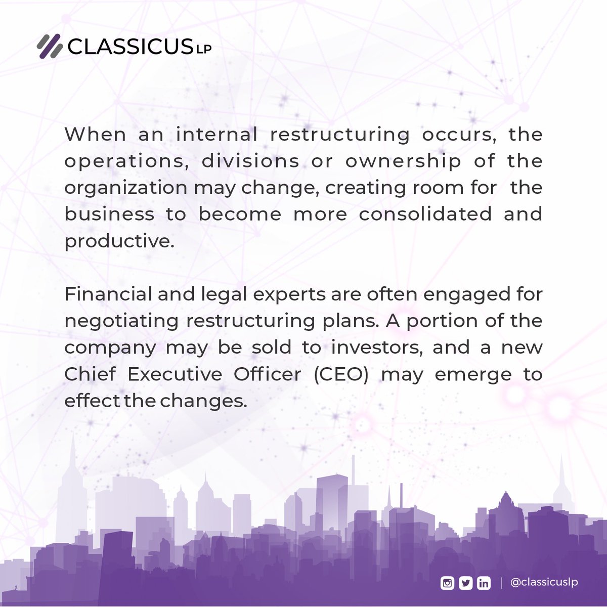 Restructuring is a method of implementing an organization’s redesigning program for its operational development. It enhances its efficacy thereby resulting in productive outputs. #Classicuslp#solicitors#business#restructuring#businessrestructuring#solicitors#corporatestructure#