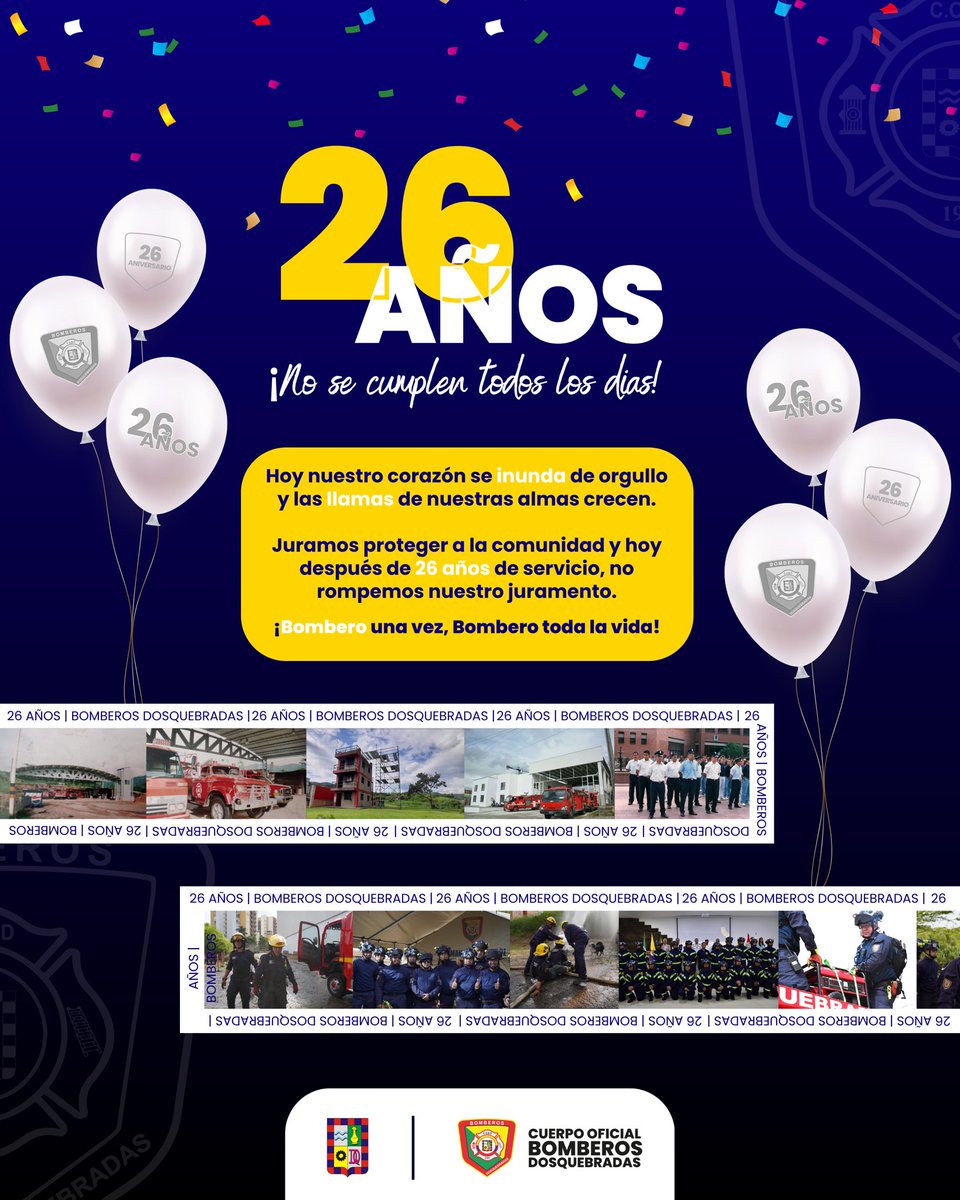 ¡Feliz 26 aniversario a nuestro Cuerpo Oficial de Bomberos del municipio de Dosquebradas! 🔰⚜️👨🏽‍🚒

En nuestro 2️⃣6️⃣ aniversario, renovamos nuestro juramento de proteger y servir a nuestra comunidad con honor y valentía.

#bomberosdosquebradas #26Aniversario #aniversario