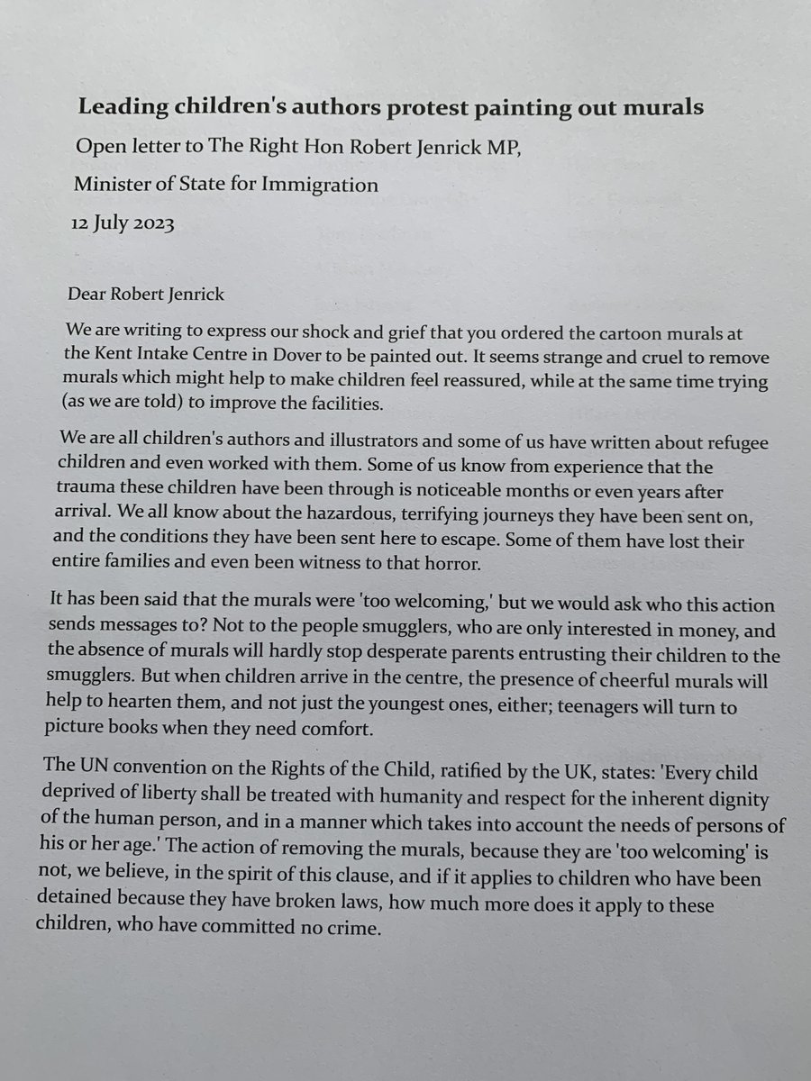 Leslierika's tweet image. Top kids' authors' and illustrators' letter to Robert Jenrick protests against painting out murals at  children's asylum centre: Pullman, Rosen, Frank Cottrell Boyce, Jamila Gavin, Jane Ray, Ros Asquith, Sita Brachmachari, Chris Riddell, Nicola Davis, Sally Nicholls,  many more..