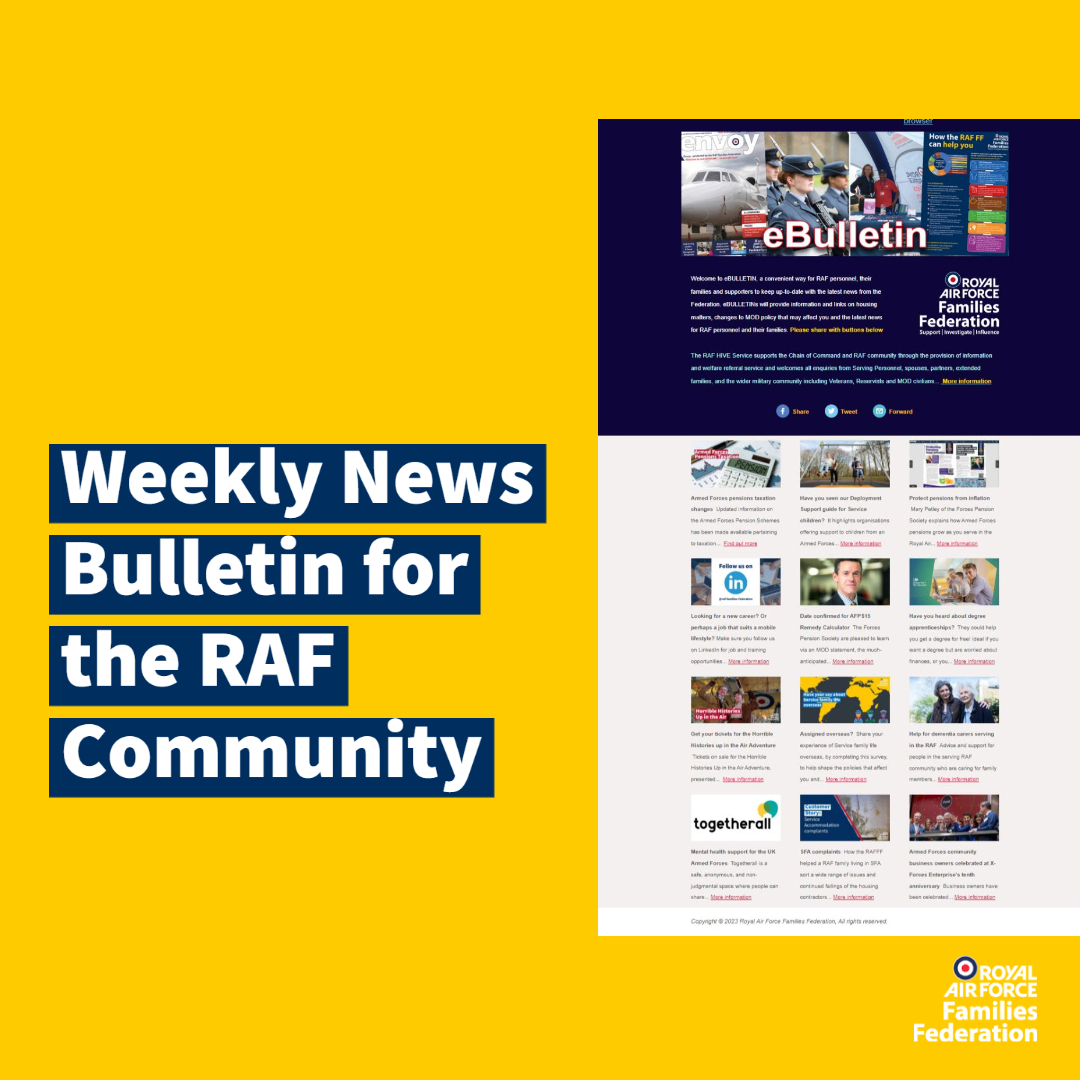 OUT NOW: This week's eBulletin has a lot on #ArmedForcesPensions as well as our #deployment support guide for #ServiceChildren, Overseas family life survey and more.
Read it here: bit.ly/43m2Hj2 
Subscribe here: bit.ly/3N1ESHi 
#RAFpersonnel #RAFfamilies #news