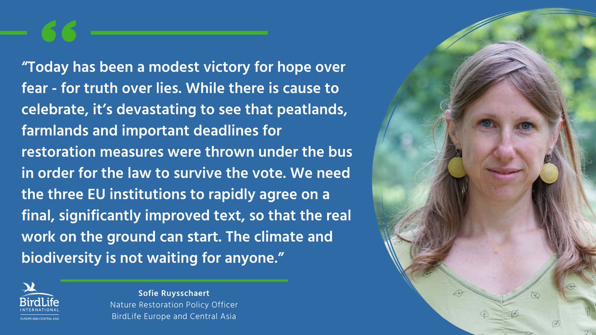 BirdLifeEurope's tweet photo. 🎉 @ManfredWeber fails to derail EU Green Deal 🎉

...but Parliament agrees to a weakened law to #RestoreNature.

This win came at a very high cost - to reach a compromise, MEPs sacrificed many critical obligations and targets, ending up with a position substantially weaker than the original Commission proposal.

Read our full press release here: https://t.co/qYipSq5k56