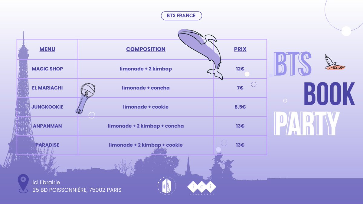 BTS BOOK PARTY | BTS France x ICI

Venez vous régaler chez <a href="/Icigrandsbvd/">Ici Grands Boulevards</a> avec des menus spéciaux #BTS 😋

Au menu : des kimbaps, des cookies, des Purple limonades, ... 🤩