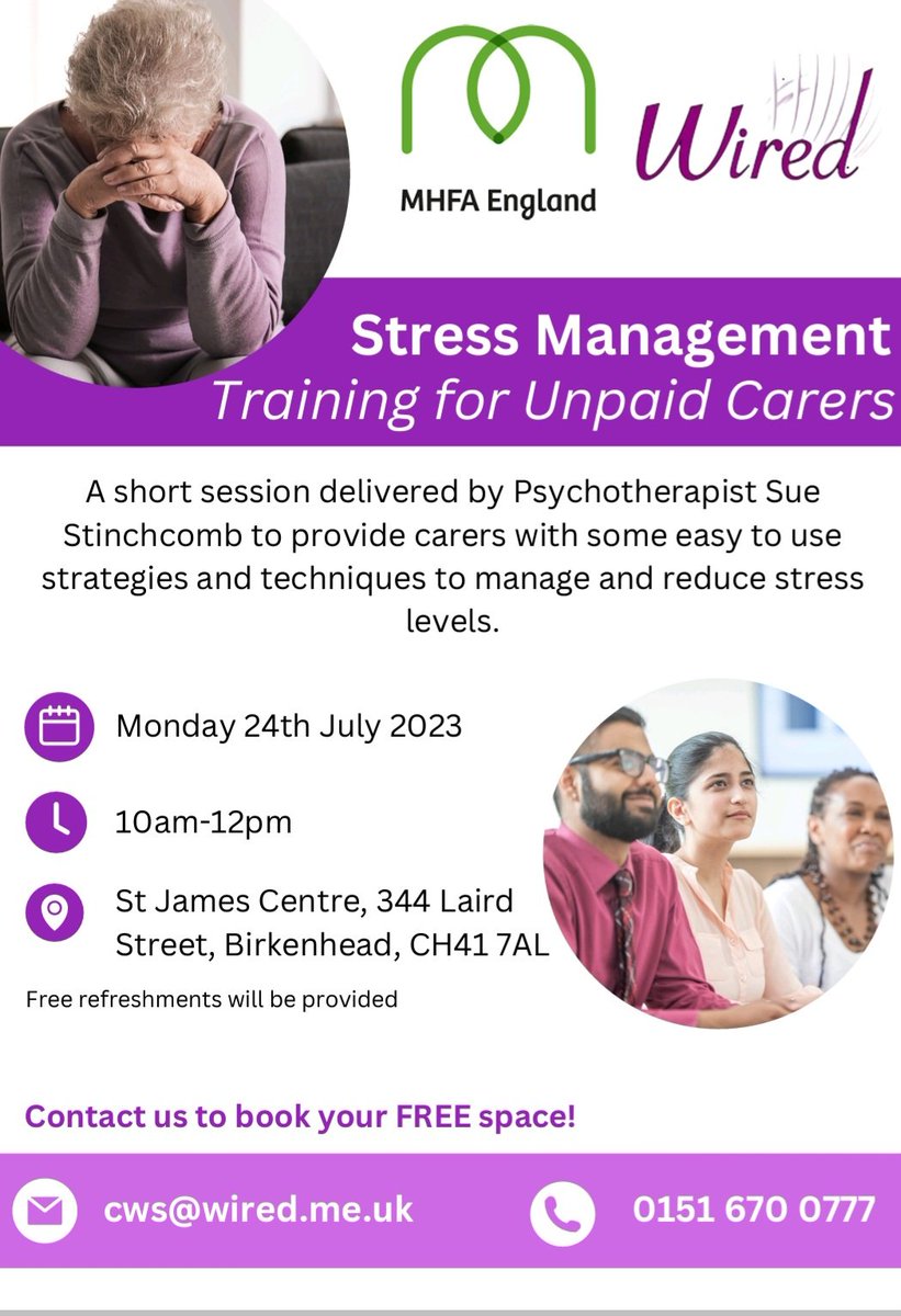 Free Stress Management Training for unpaid carers, call 0151 670 0777 or email cws@wired.me.uk to book.
@AgeUKWirral @WirralMind @WirralChange @INVOLVENW @Healthwatchwirr @connectus @KoalaNorthWest @WirralMencap @WirralCAN @AskUsWirral