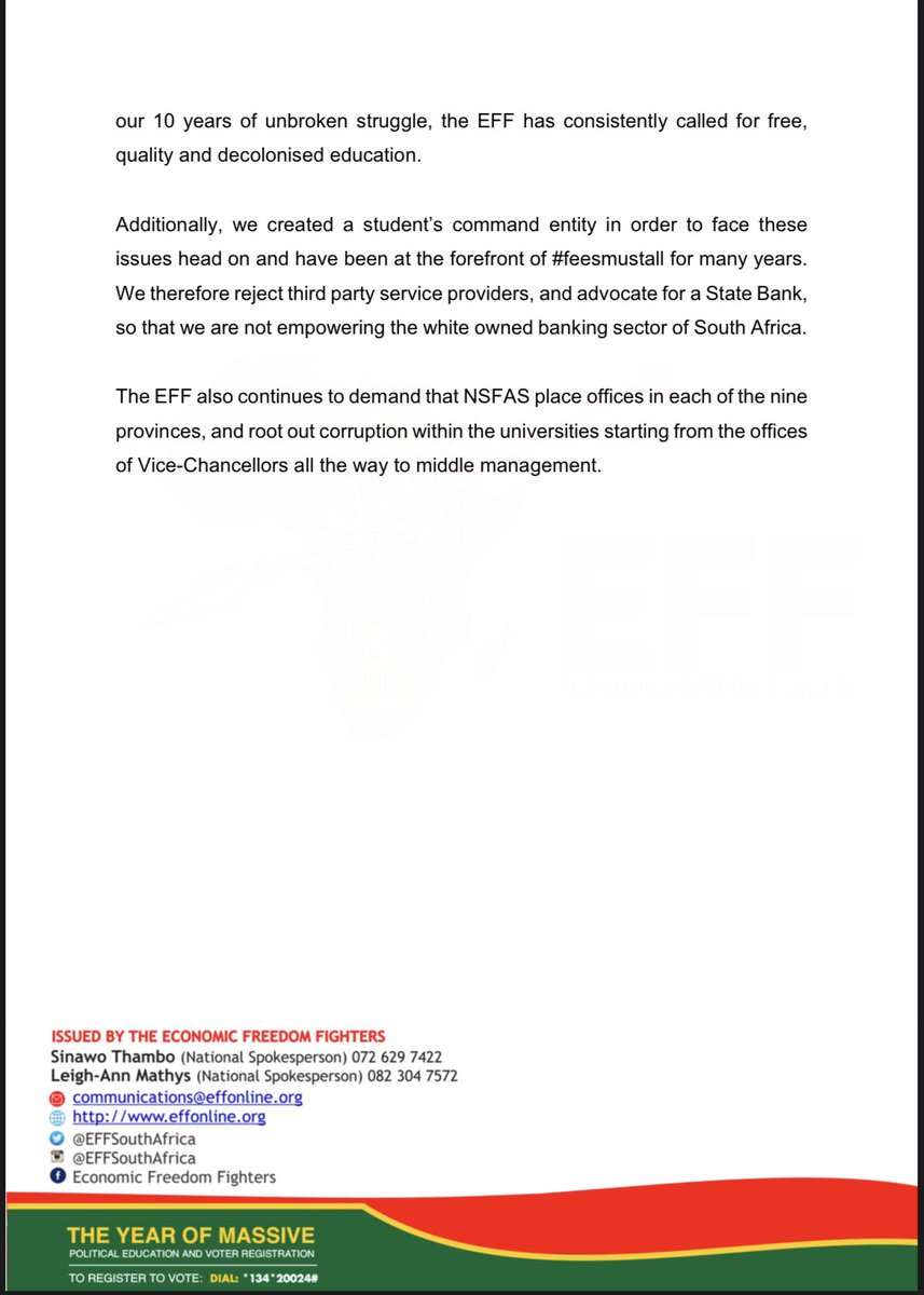 EFFSouthAfrica's tweet photo. The EFF’s Statement on the Recent Shortcomings of NSFAS and the Department of Higher Education 

-The inability of NSFAS to streamline its processes and ensure timely assistance has caused immense frustration and despair among those who rely on its support. Year in, year out, these failures have had far-reaching consequences, affecting the lives and aspirations of countless students.