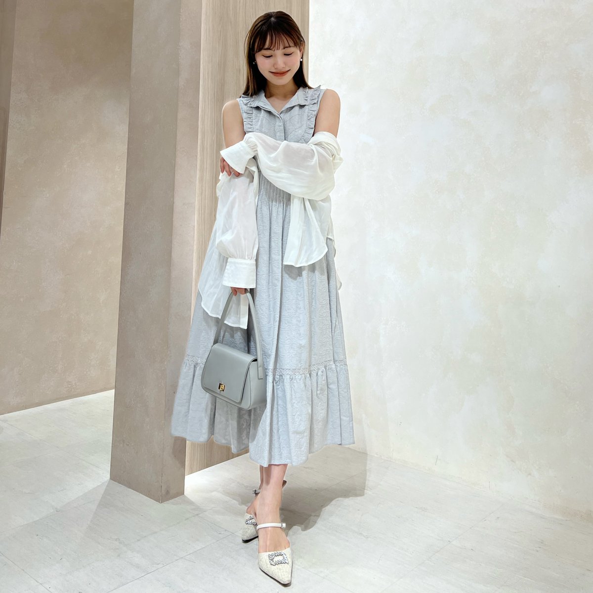 🏷Paisley Cotton Lace Long Dress - powder sky - 首元をしっかり開け