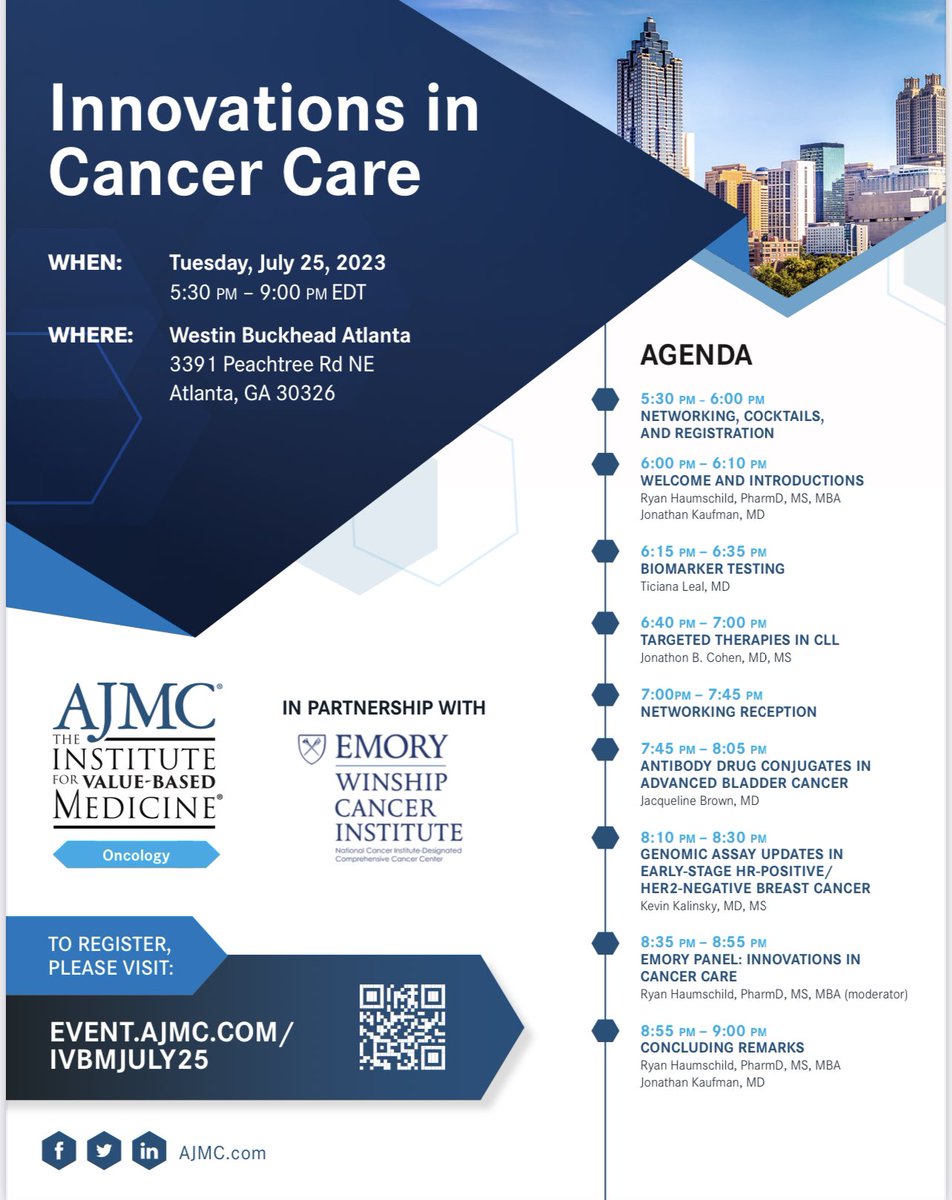 Ryan Haumschild PharmD, MS, MBA, CPEL (@rxhaums) on Twitter photo I’m excited to co-chair the upcoming Innovations in Cancer Care Summit alongside <a href="/JKaufmanMD/">Jonathan Kaufman, MD</a> and the rest of our <a href="/WinshipAtEmory/">Winship Cancer Institute of Emory University</a> Faculty as part of the <a href="/AJMC_Journal/">AJMC</a> Institute of Value Based Medicine
Join us in person July 25th as our faculty experts discuss some of the most I’m excited to co-chair the upcoming Innovations in Cancer Care Summit alongside <a href="/JKaufmanMD/">Jonathan Kaufman, MD</a> and the rest of our <a href="/WinshipAtEmory/">Winship Cancer Institute of Emory University</a> Faculty as part of the <a href="/AJMC_Journal/">AJMC</a> Institute of Value Based Medicine
Join us in person July 25th as our faculty experts discuss some of the most