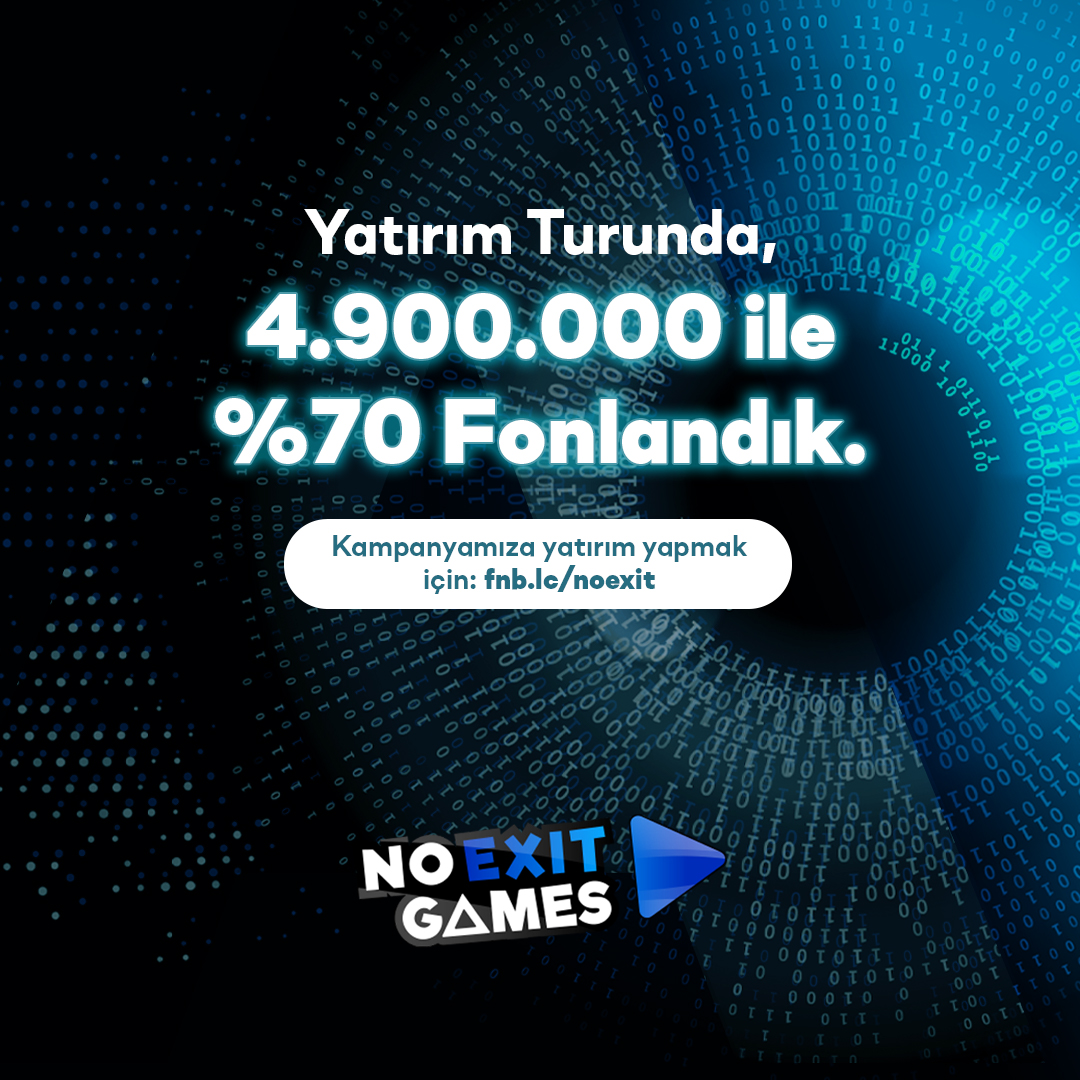 Yapay zekâ destekli mobil oyun teknolojilerimizle oyun sektöründe tüm tecrübemizle yer alıyoruz. Noexit Games olarak; %71.6 fonlandık. 1648 yatırımcımızdan 5.013.238 TL yatırım alarak fonlama heyecanımıza hız kesmeden devam ediyoruz.
 fnb.lc/noexitgames