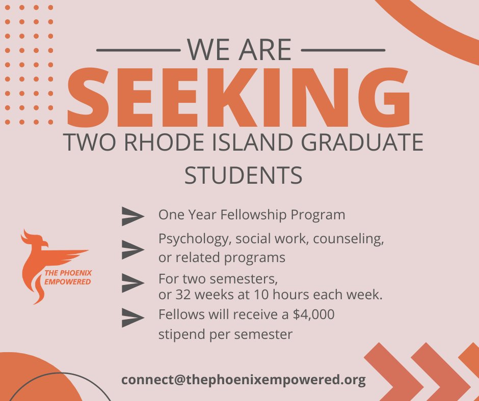 TPEmpowered's tweet image. Seeking: TWO Rhode Island graduate students in psychology, social work, counseling, or related programs for our one-year fellowship program.Submit your resume and cover letter by 7/31/23

#RI #rhodeisland #empoweredpsaces #thephoenixempowered #nowhiring #mentalhealth