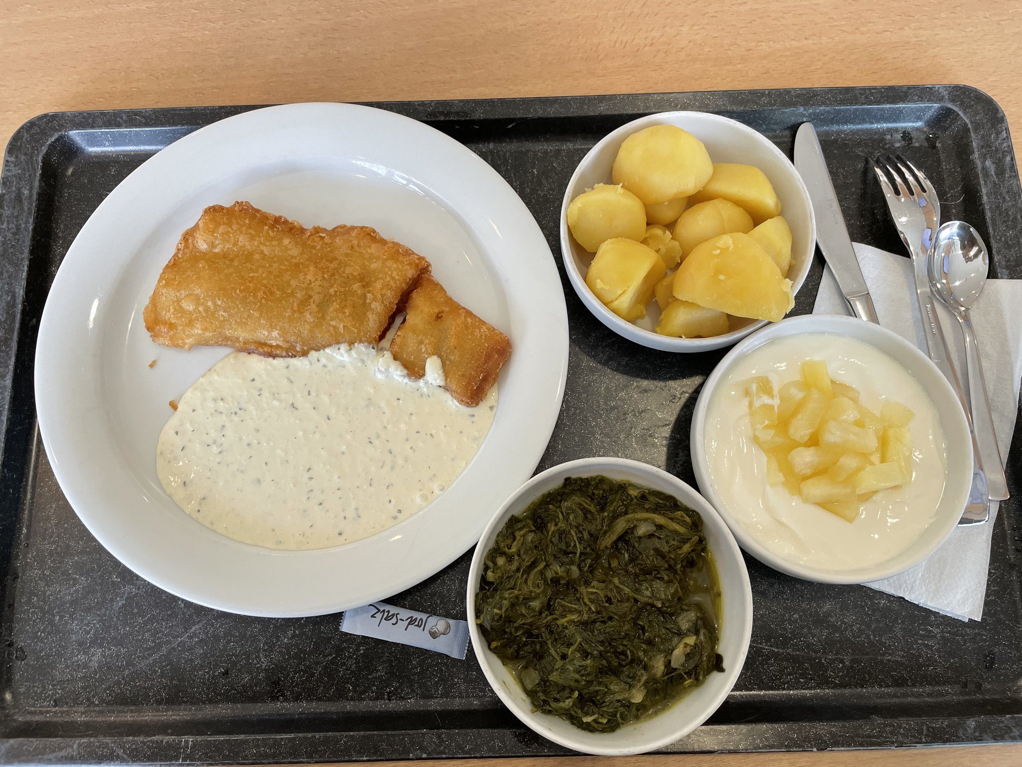 Mensa Scran on Twitter "Baked fish with remoulade sauce, salt potatoes, spinach as well as a