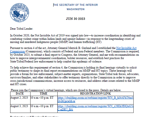 The Not Invisible Act Commission (NIAC) will hold a virtual hearing on August 2 - 3. Aims are: create a forum for stakeholders to provide testimony to NIAC &amp; facilitate &amp; improve cross-jurisdictional communication, increase resource access &amp; address related issues. #MMIP #MMIWG