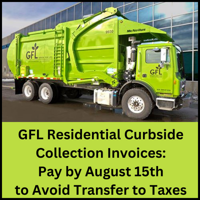 GFL Bills: Pay by August 15th to Avoid Possible Transfer to Taxes
Waterford  residential curbside customers are encouraged to pay their GFL bills  before August 15th. Any unpaid invoices and late fee amounts after  August 15th each year may be assigned to the property tax roll.