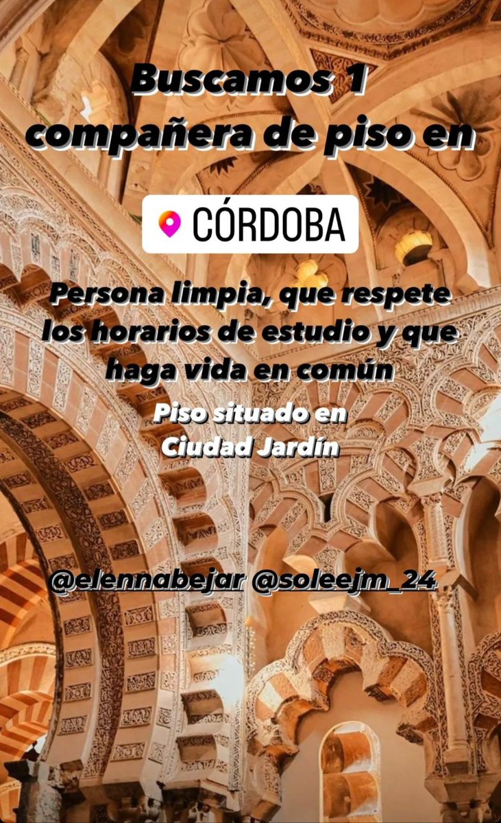 ElenaBjarCano1's tweet photo. Buscamos compañera de piso, limpia, que respete los horarios de estudio y haga vida común, somos dos chicas sociables, estudiantes de 2° de carrera. El piso se sitúa en ciudad jardín. #pisoscórdoba #uco #ciudadjardín #pisosestudiantes https://t.co/tqAL32wdXN