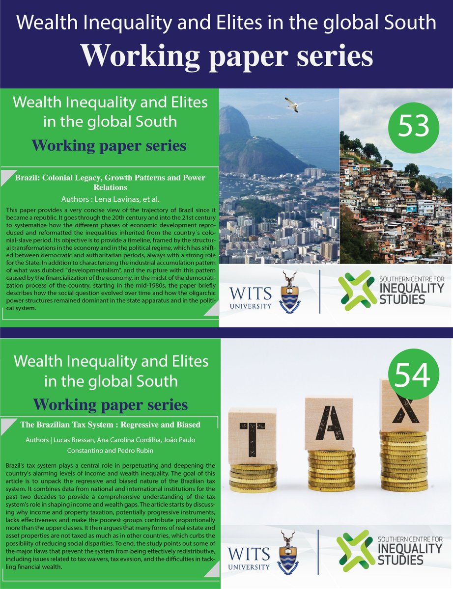 Wits_SCIS's tweet photo. 1/2
ICYMI | 🚨 #WorkingPaperWednesday | BRAZIL

@Wits_SCIS #WealthInequalityProject is excited to share #WorkingPapers 53 &amp; 54. These #WPs kick start Segment 2 of the #WealthInequality #WorkingPaperseries focusing on Brazil

READ: #WP53 &amp; #WP54👉 https://t.co/5vU1btCz9l https://t.co/rOr5jOzROT