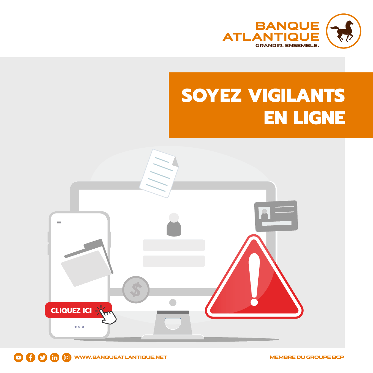 🔒🌐 𝗦𝗼𝘆𝗲𝘇 𝘃𝗶𝗴𝗶𝗹𝗮𝗻𝘁𝘀 𝗲𝗻 𝗹𝗶𝗴𝗻𝗲 !

Protégez vos données personnelles en évitant de cliquer sur des liens suspects. 🚫🔗
Un simple clic sur un lien malveillant peut permettre à des personnes malintentionnées d'accéder à vos données personnelles. 🛡️💻