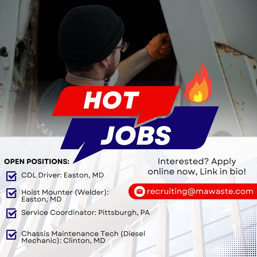 MAWasteSystems's tweet photo. Interested in any of our Hot Jobs🔥? See the links below or email us at recruiting@mawaste.com to get started!

Job Board Link: https://t.co/FG9XYQKBnE https://t.co/FZofijsZke