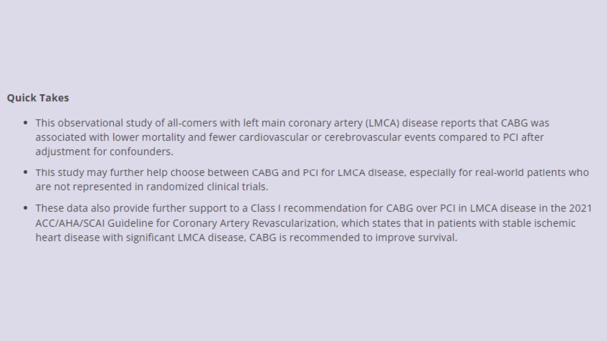 Q: What are the outcomes after CABG or #PCI in unprotected LMCA disease?

A: This study of all-comers w/ LMCA disease reports CABG was associated w/ ↘️ mortality & fewer CV or cerebrovascular events compared to PCI after adjustment for confounders bit.ly/3P5r0hV #cvSurg