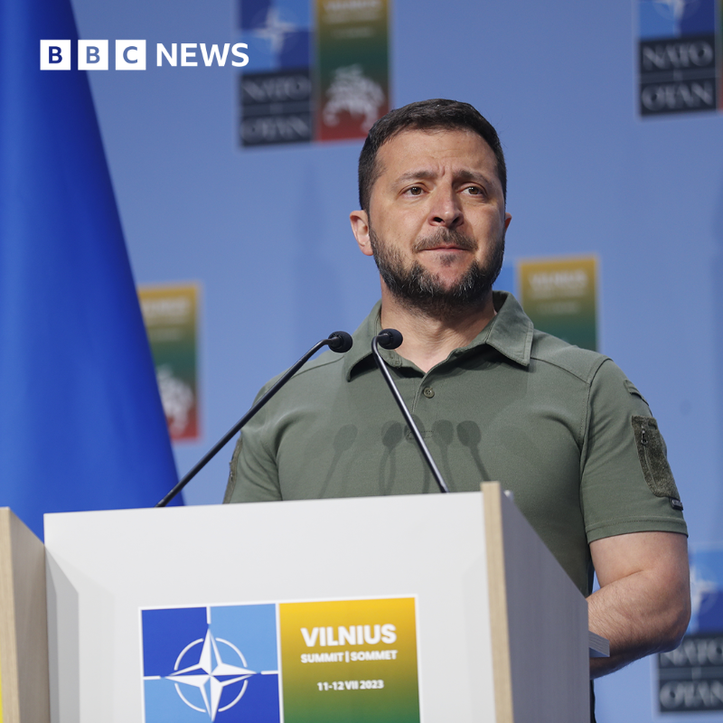 BBCWorld's tweet photo. President Zelensky has criticised Nato for what he sees as delays in setting out Ukraine's membership timeline 

When could Ukraine join the military alliance? ⬇️