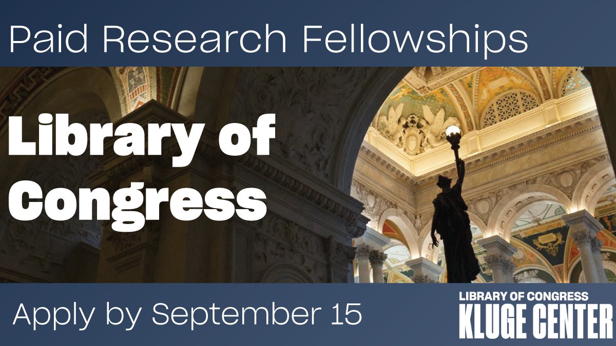 Paid research fellowships in residence at the Library are available for scholars who have received their Ph.D. or other terminal degree in the last seven years. The deadline for applications is September 15, 2023. Learn more about our programs &amp; apply: go.loc.gov/XYRI50P1qAt