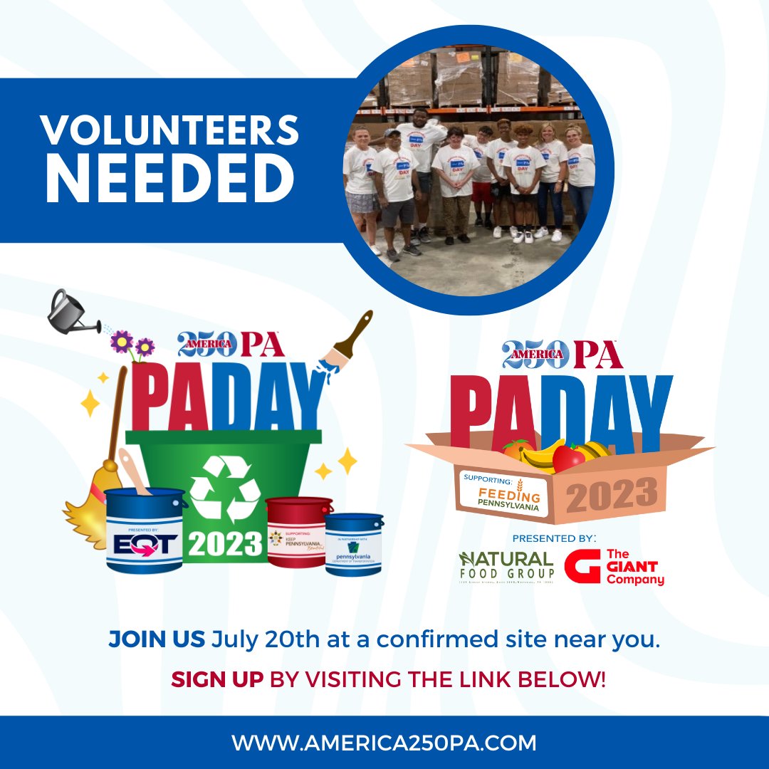 🌟National Pennsylvania Day is July 20!🌟  

Become a volunteer for America250PA and help your community! 

➡️Sign-up at: form.jotform.com/231434049810046

#PAProud #PennsylvaniaDay #Volunteer #Impact250PA #EveryCounty #EveryPennsylvanian