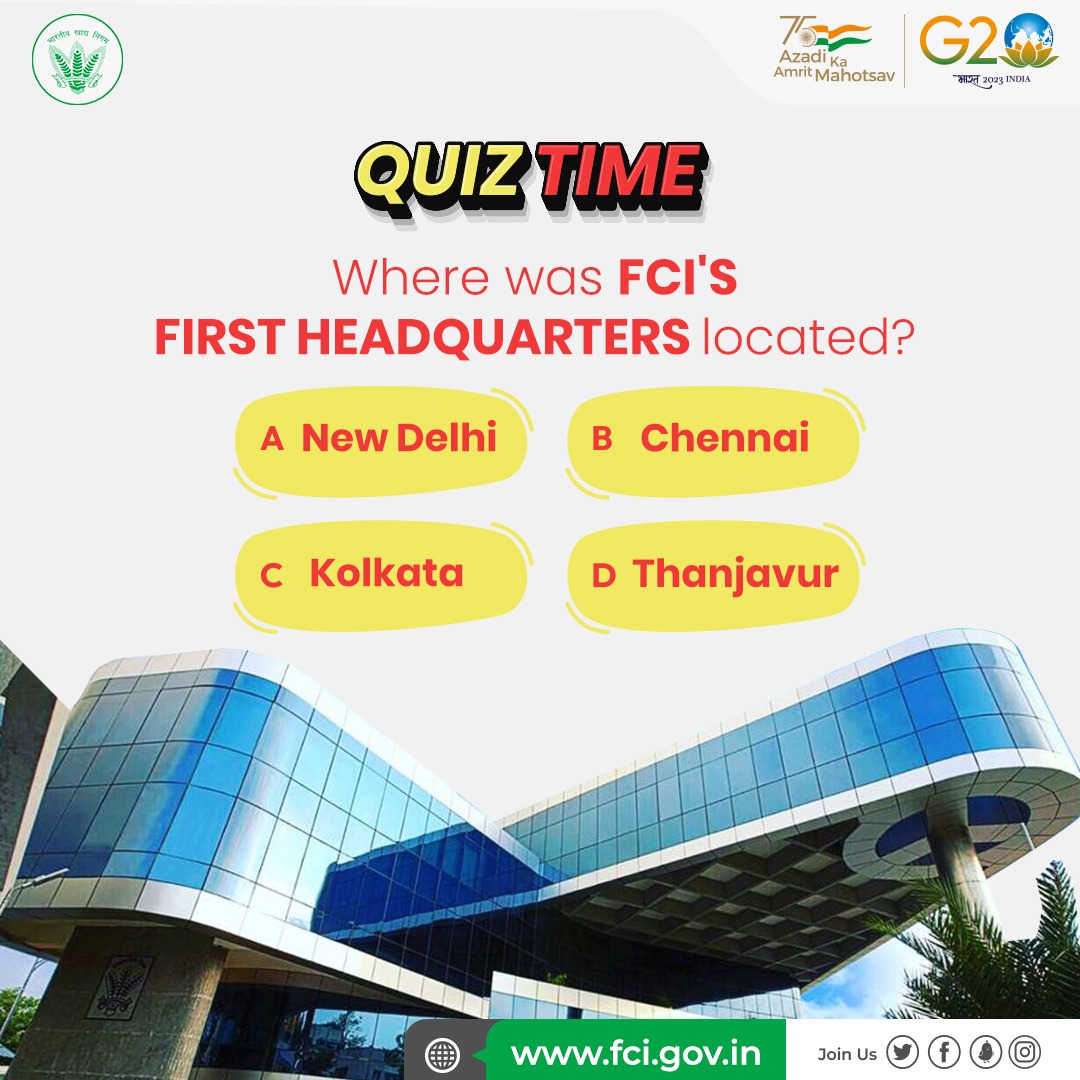 FCI_India's tweet photo. Test your knowledge on #FCI with this fun quiz. #GuessAndShare the answer to this question in the comment section & keep following us for more such trivia #FCIQuiz #KnowYourFCI #QuizOfTheWeek https://t.co/r1CqxApttS