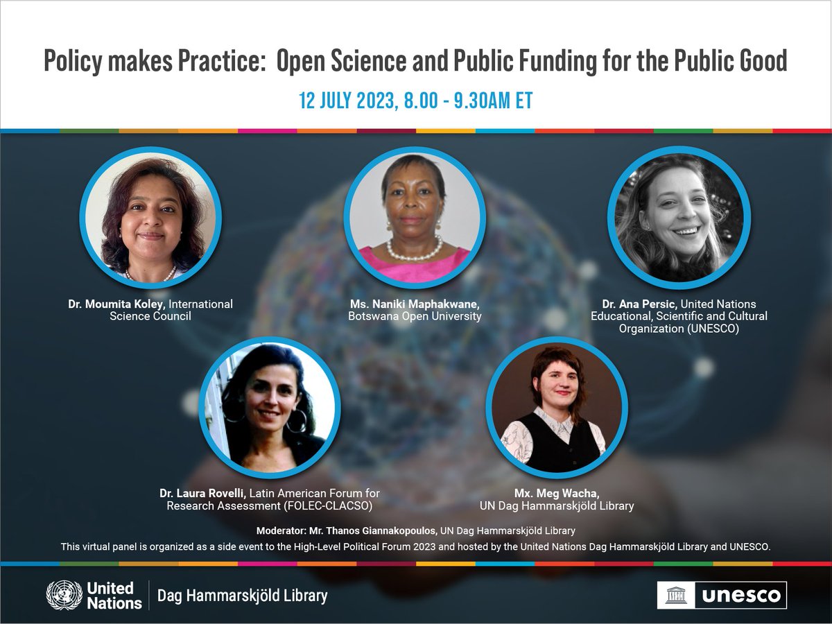 UNLibrary's tweet photo. Happening now! A virtual panel, "Policy Makes Practice: Open Science and Public Funding for the Public Good."

Click here for more information: https://t.co/O7SEEc8vtw
@UNESCO, #UNLibrary, #HLPF, #OpenScienceUN https://t.co/5j8csazHhH